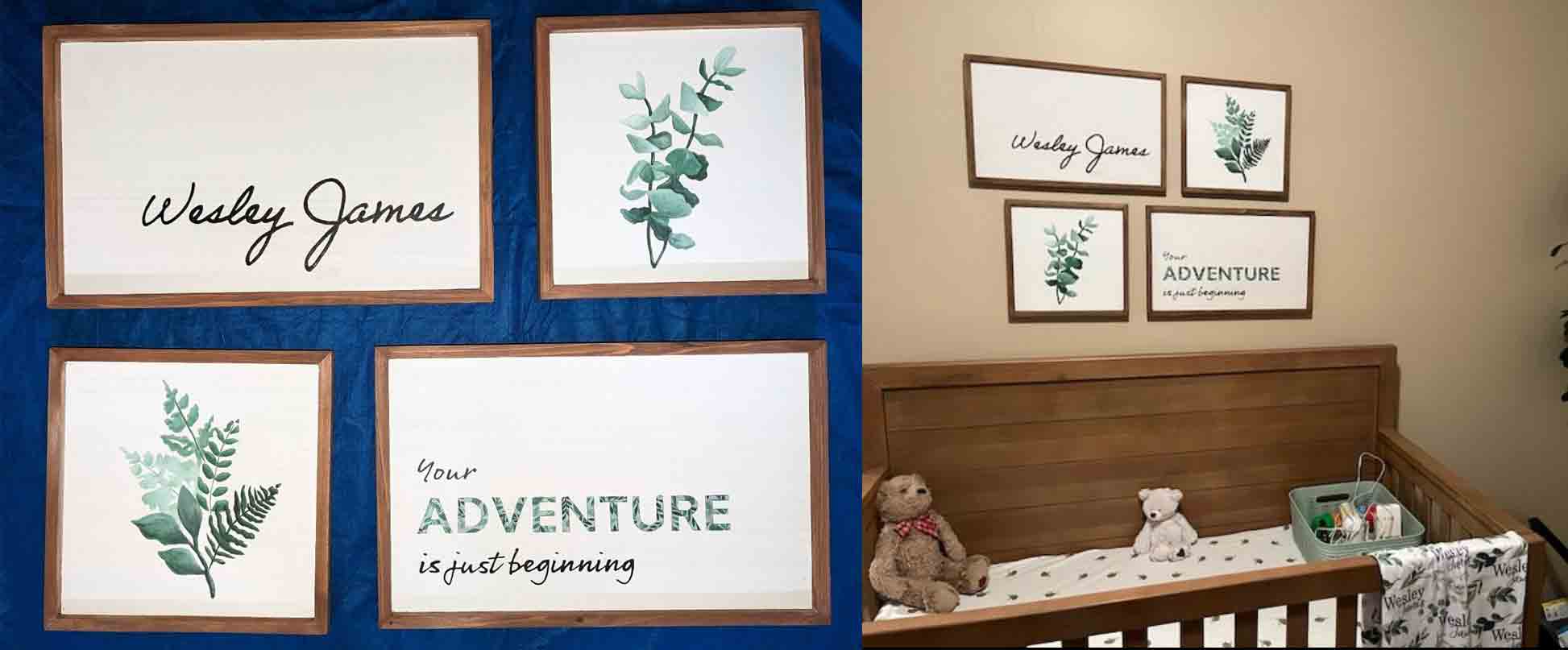 Four signs for a baby's nursery following a green, jungle theme