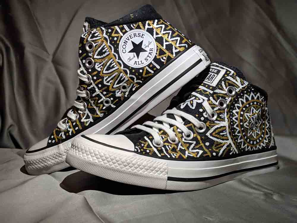 Custom painted converse shoes with gold and white mandala design