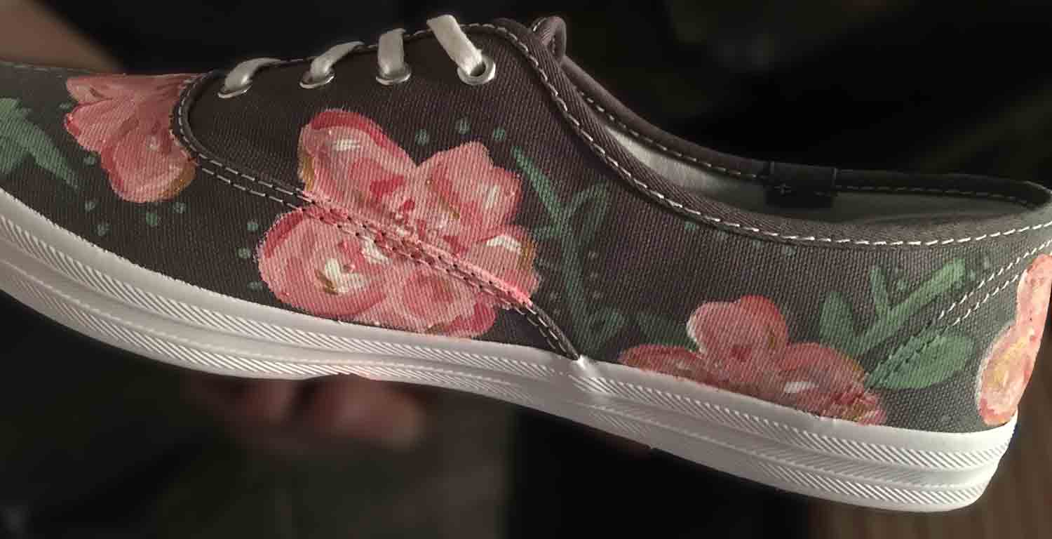 Custom painted shoe with pink flowers
