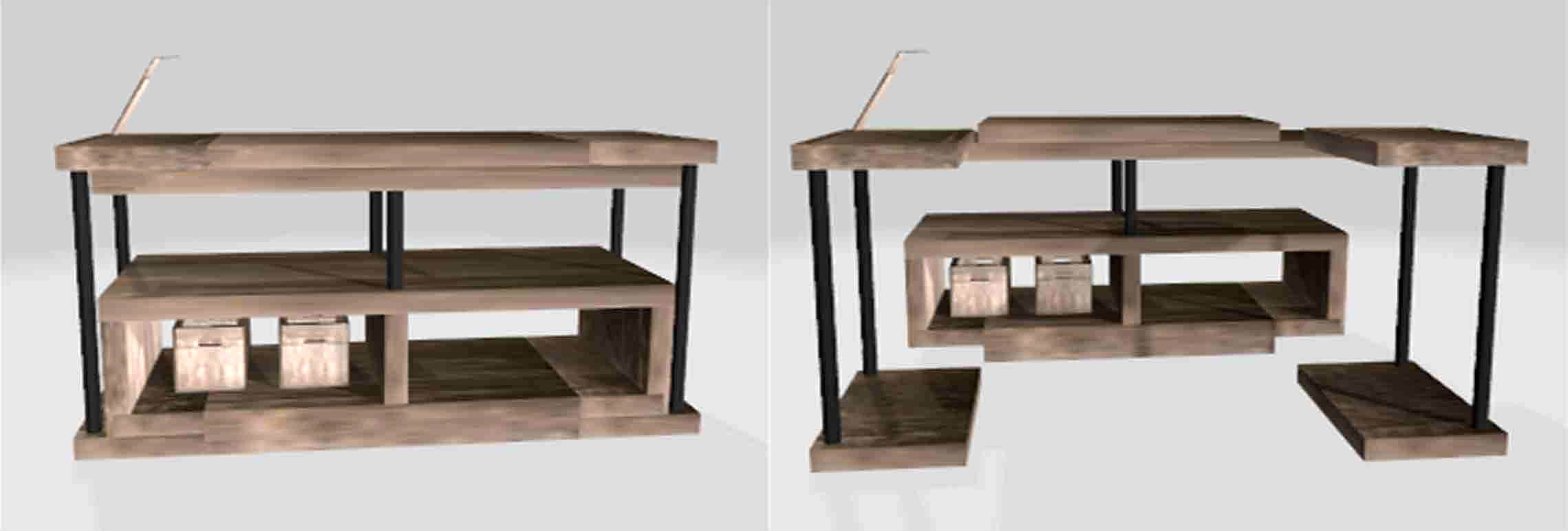 Table design consisting of three pieces: the main table and two smaller tables that pop out to be used as side tables when needed