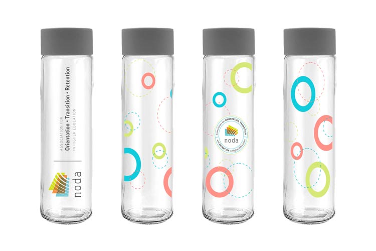 Promotional water bottle design playing on NODA's logo